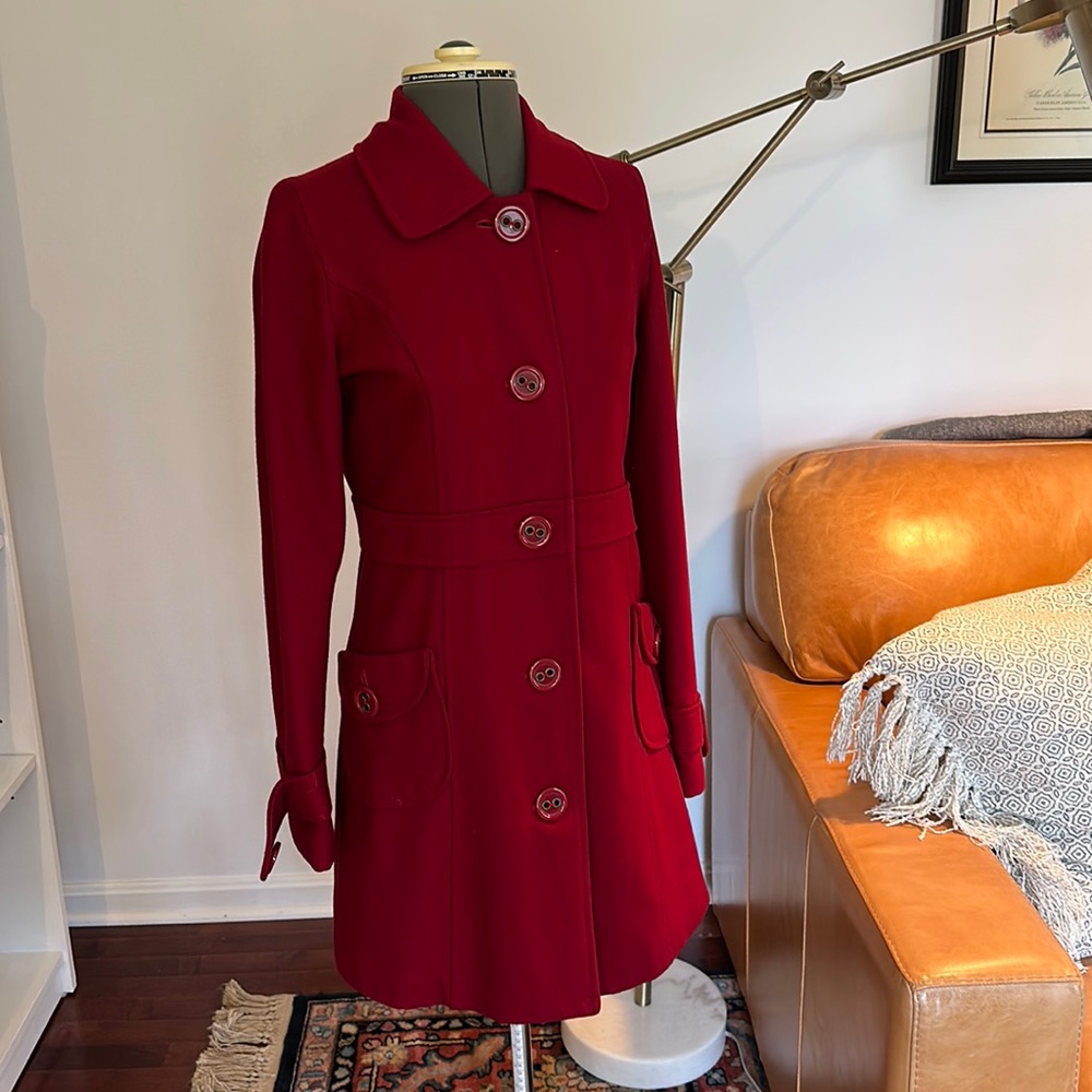 Anthropologie 🫦 TULLE wool pea coat in deep raspberry Sz: Small